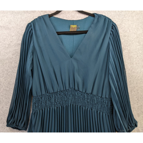 Taylor Dress Teal Green Pleated Midi Sheer Lined Fall Boho Smocked Waist Sz 12 - Picture 2 of 13